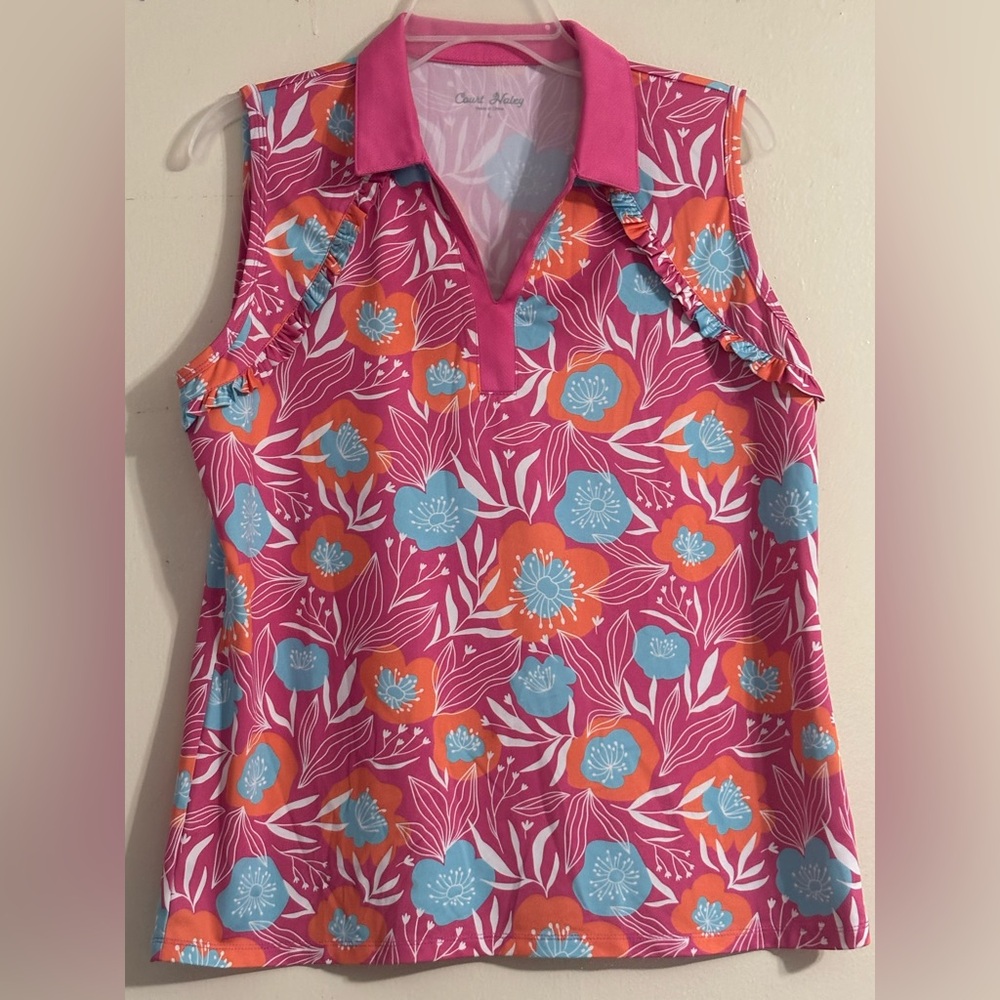 Floral Pink and Blue Sleeveless Golf or Pickleball  Blouse